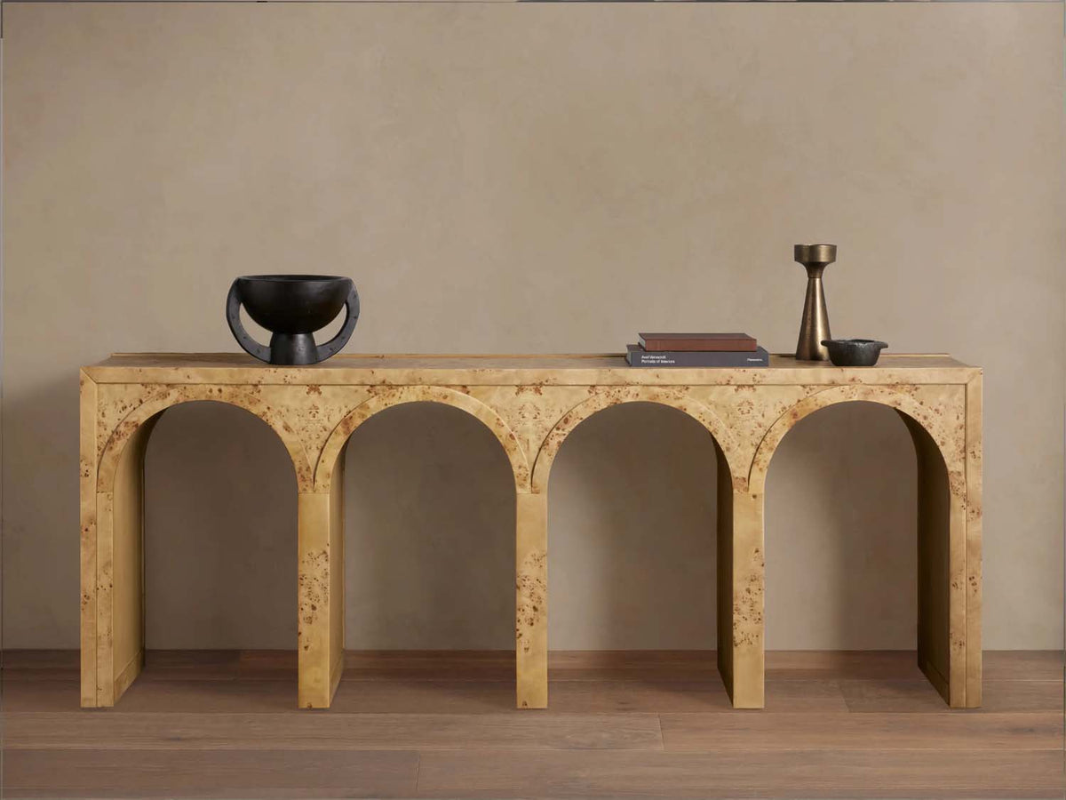 Hattie Wood Console Entryway Table with Natural Burl Veneers Arch Design Hallway Entrance Table