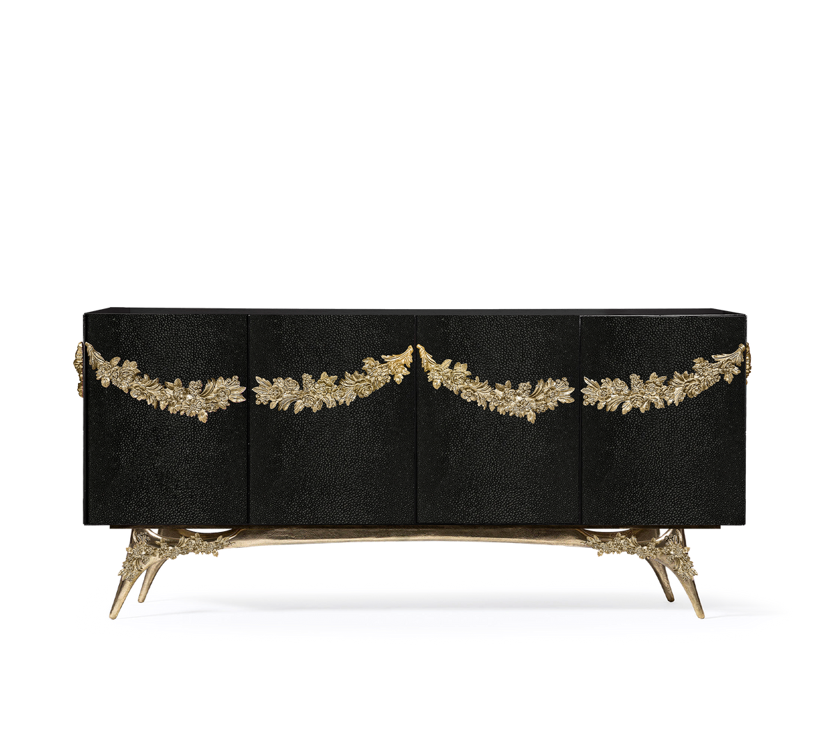 Luxury Walnut Burl Sideboard Buffet Cabinet with Hand-Carved Floral Doors & Storage