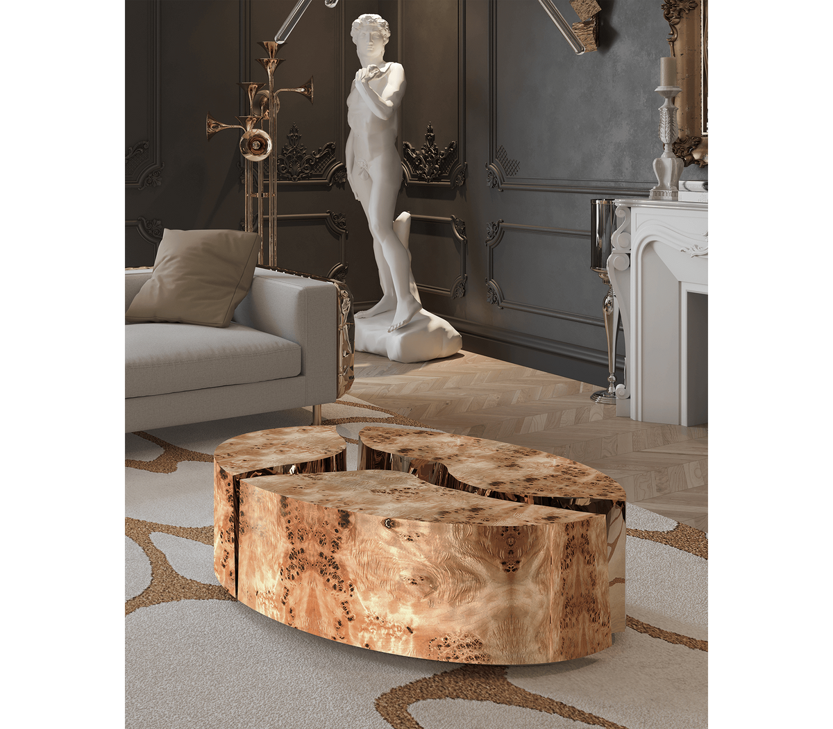 Luxury Oval Coffee Table with Sculptural Brass Accents & High Gloss Finish Center Tea Table