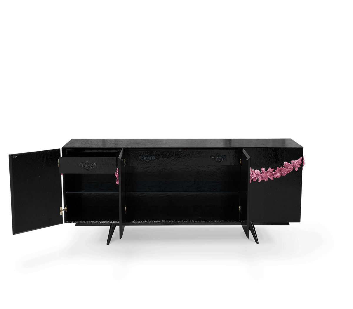 Luxury Black Sideboard Buffet Cabinet with Floral Carved Details & Storage
