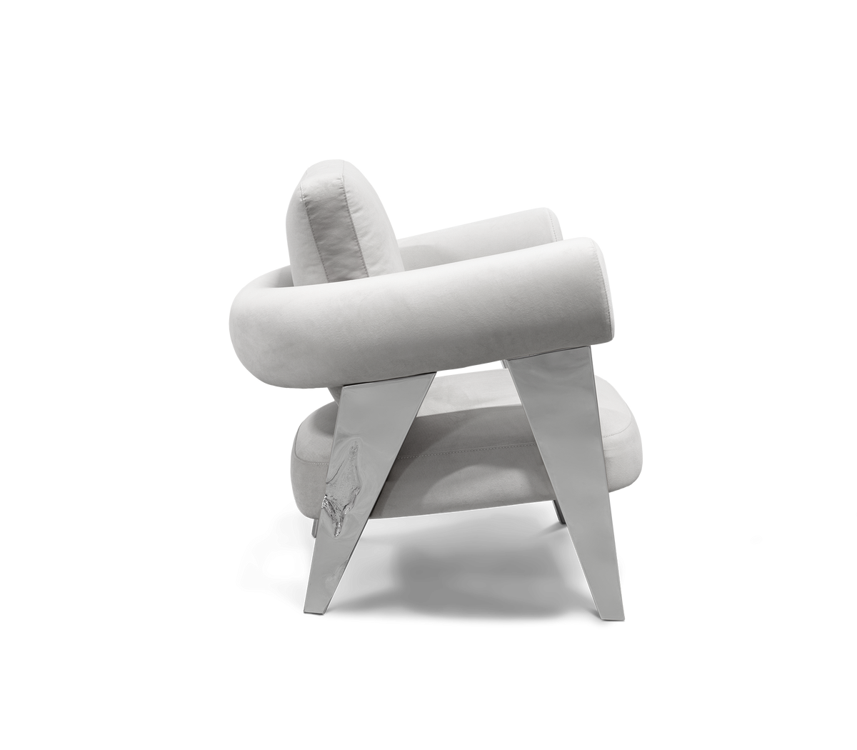 Luxury Sculptural Armchair with Polished Hammered Brass Legs & Curved Upholstery Design