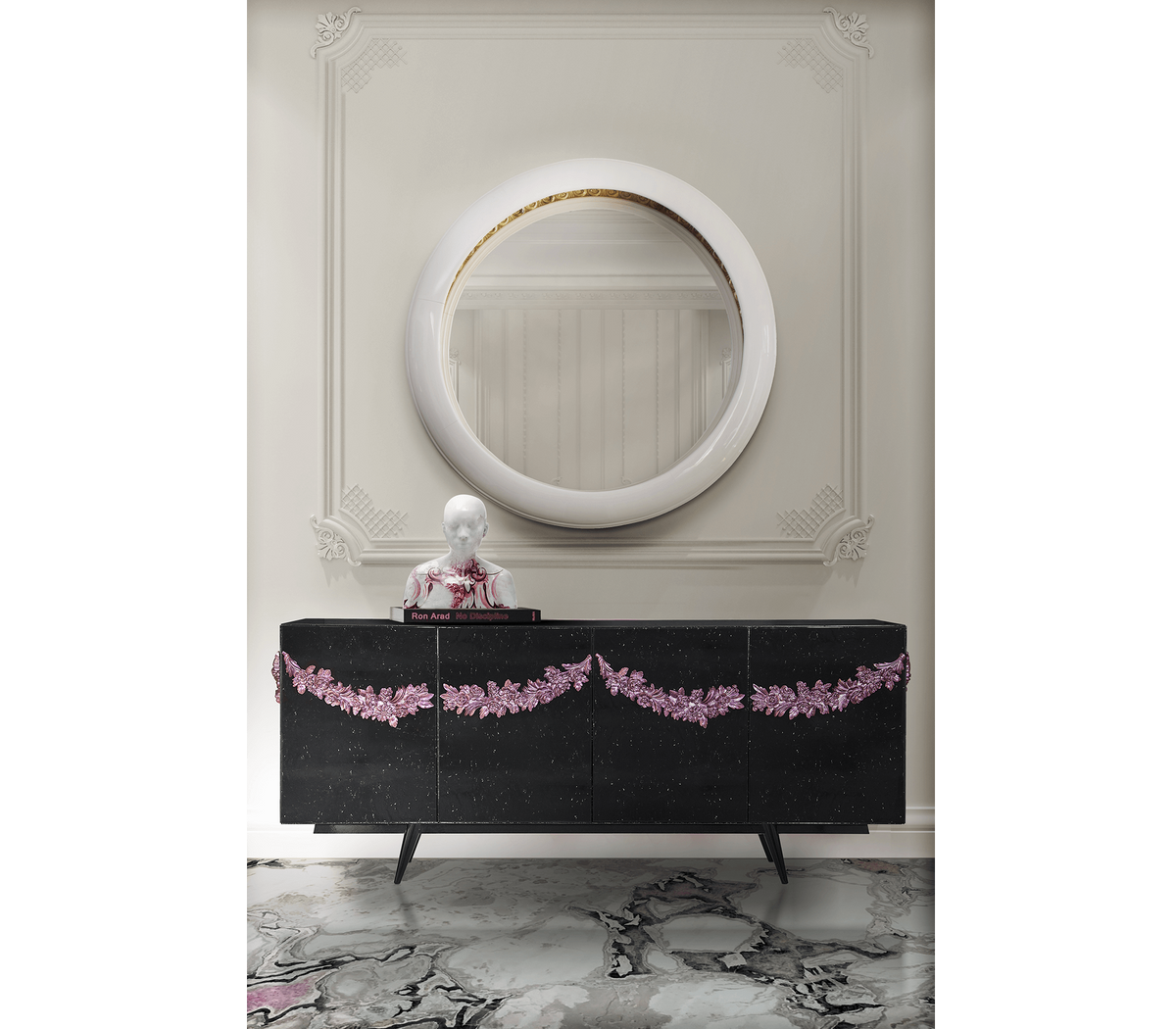 Luxury Black Sideboard Buffet Cabinet with Floral Carved Details & Storage