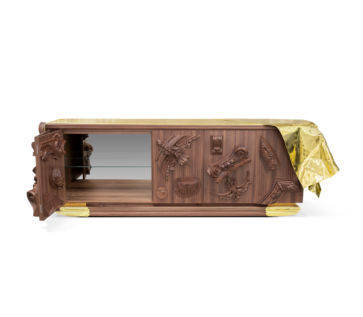 Luxury Black Sideboard Buffet Cabinet with Gold Leaf Details & Hidden Storage
