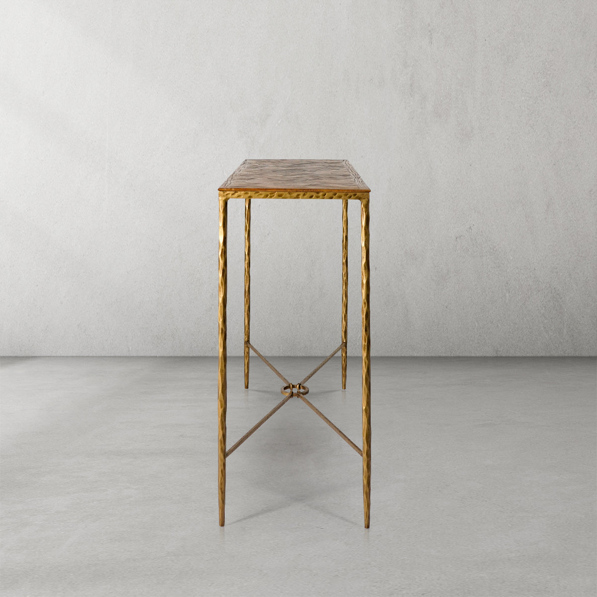Thaddeus Metal Metal Frame Elm Wood Console Table Hand-Forged Entryways Entrance Table