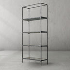 Thaddeus Hand-Forged White Marble Metal Shelving Unit for Living Room Display