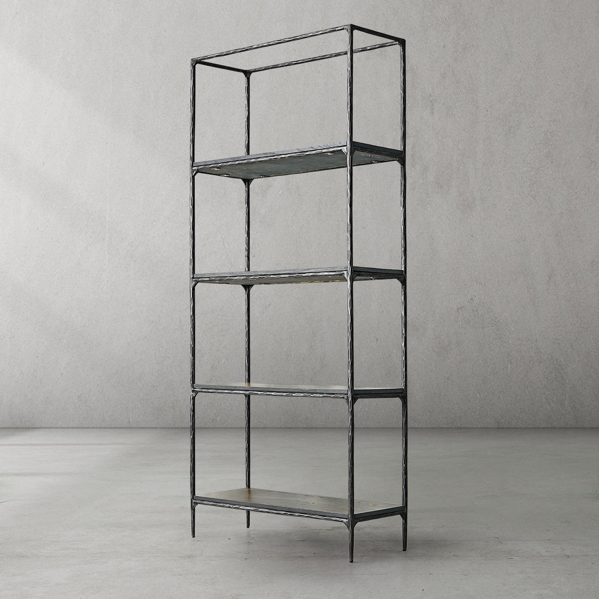 Thaddeus Hand-Forged White Marble Metal Shelving Unit for Living Room Display