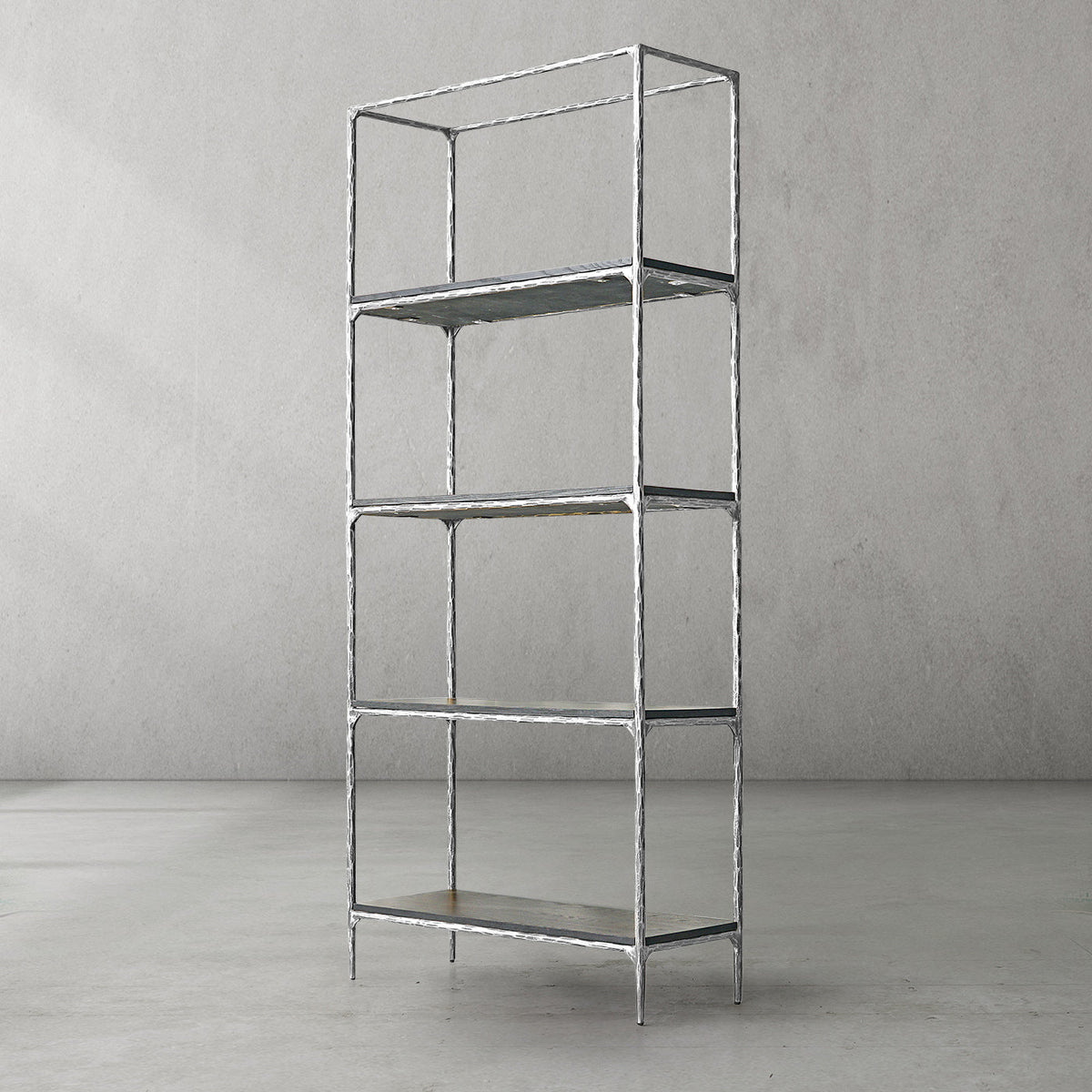 Thaddeus Hand-Forged White Marble Metal Shelving Unit for Living Room Display