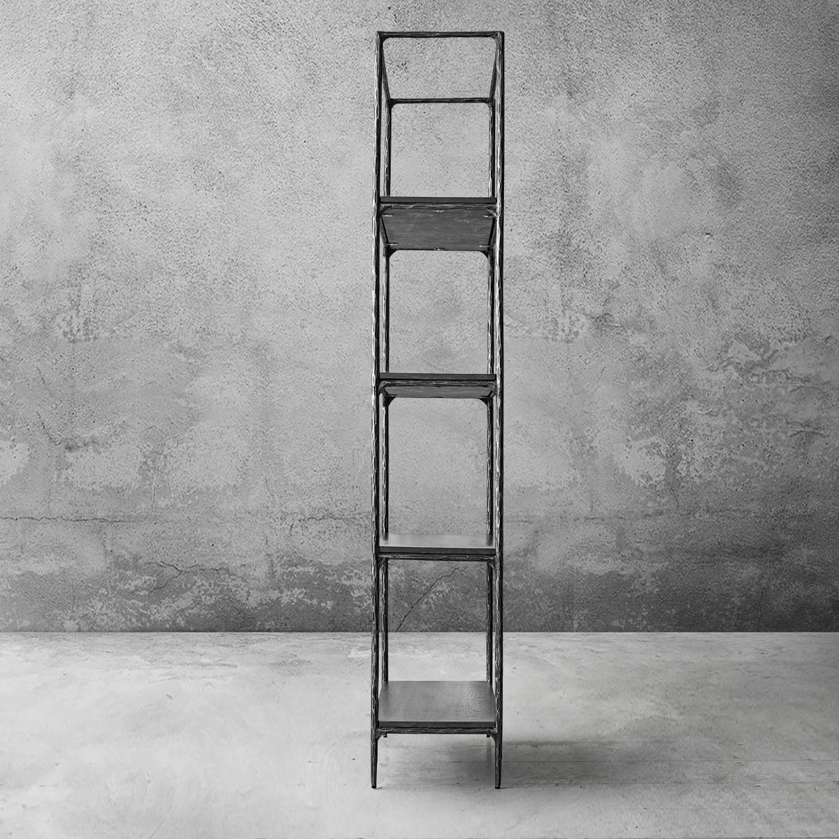 Thaddeus Hand-Forged White Marble Metal Shelving Unit for Living Room Display