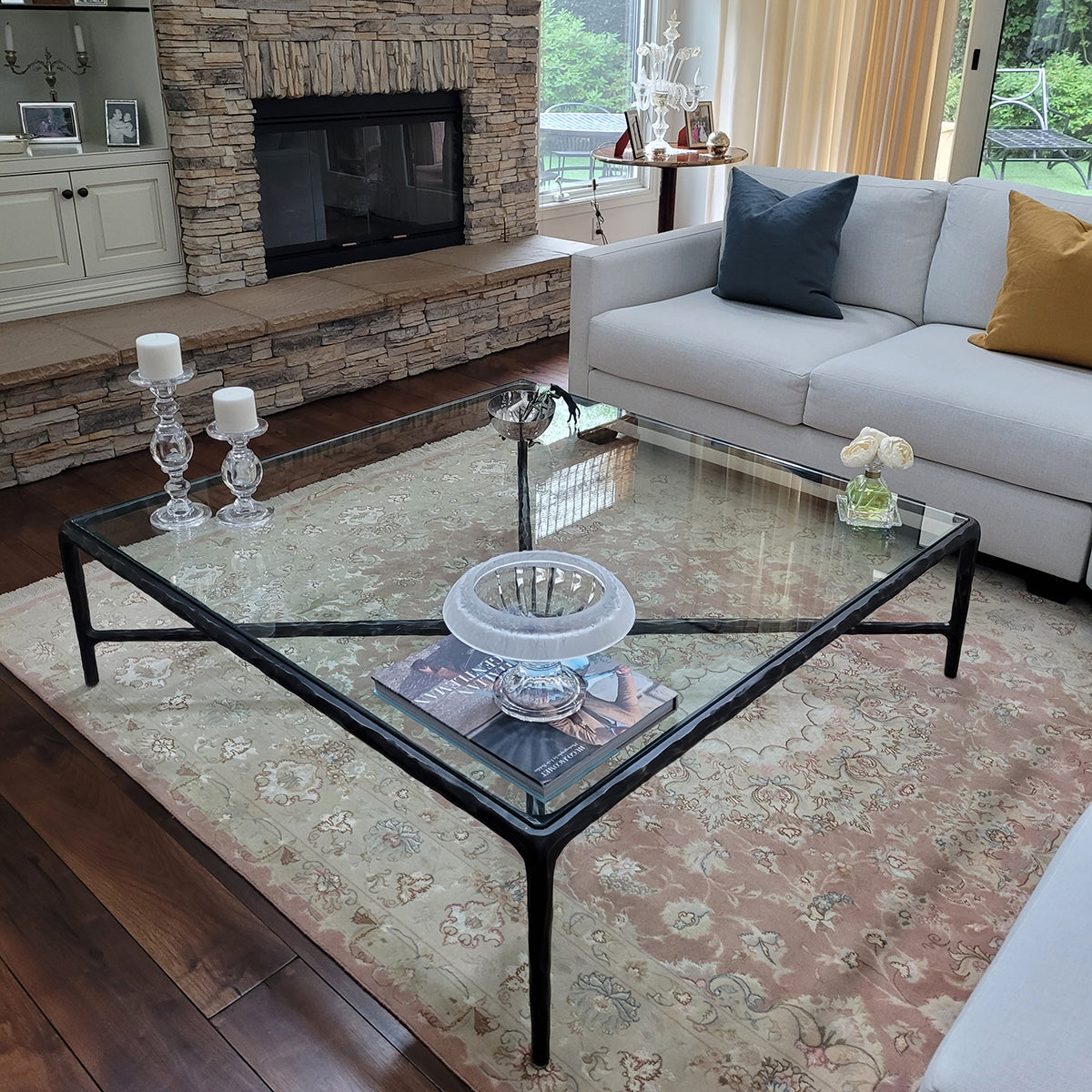 Thaddeus Hand-Forged Glass Coffee Table Square Metal for Living Room