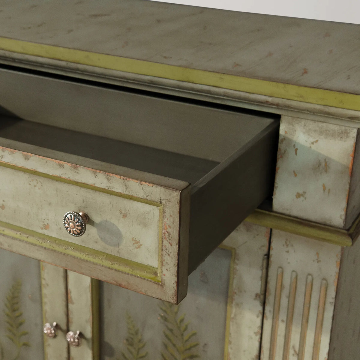 Cosetta Hand-painted Fern Motif Buffet Sideboard Antique Wood Entryways Cabinet