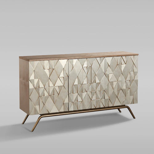 Bahut de buffet de luxe trois portes avec finition géométrique couleur champagne pour entrée