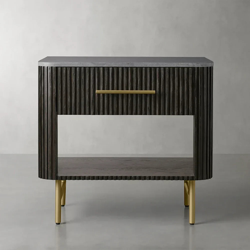 Finnley Open Nightstand with Natural Stone Top Bedside Nightside Table Wood ONE-Drawer Cabinet