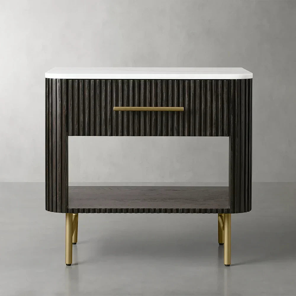 Finnley Open Nightstand with Natural Stone Top Bedside Nightside Table Wood ONE-Drawer Cabinet
