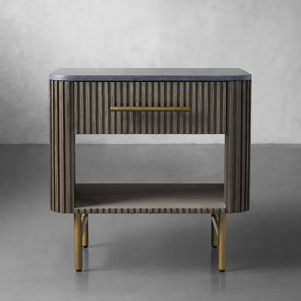 Finnley Open Nightstand with Natural Stone Top Bedside Nightside Table Wood ONE-Drawer Cabinet