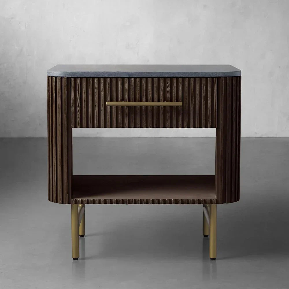 Finnley Open Nightstand with Natural Stone Top Bedside Nightside Table Wood ONE-Drawer Cabinet