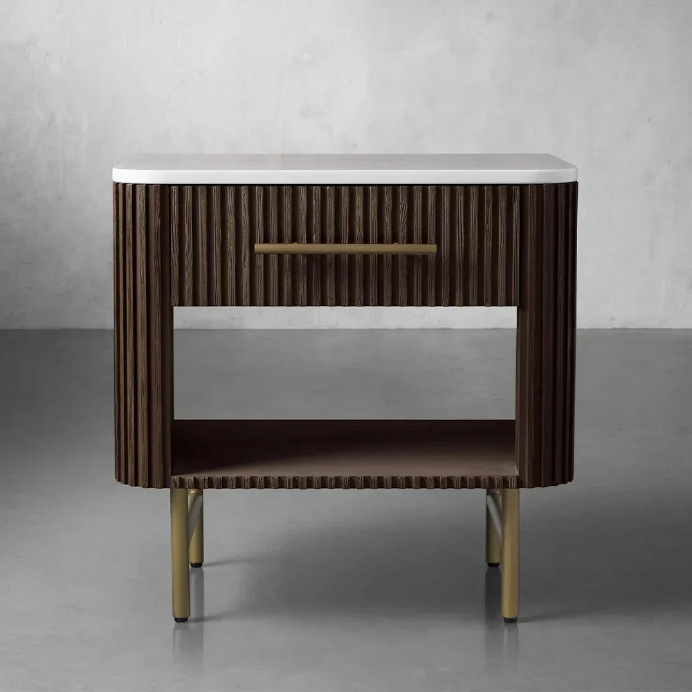 Finnley Open Nightstand with Natural Stone Top Bedside Nightside Table Wood ONE-Drawer Cabinet