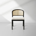 Aimee Esszimmerstuhl aus Holz mit Rattan-Rückenlehne, gepolsterter Wohnzimmerstuhl im Midcentury-Stil