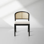 Aimee Esszimmerstuhl aus Holz mit Rattan-Rückenlehne, gepolsterter Wohnzimmerstuhl im Midcentury-Stil