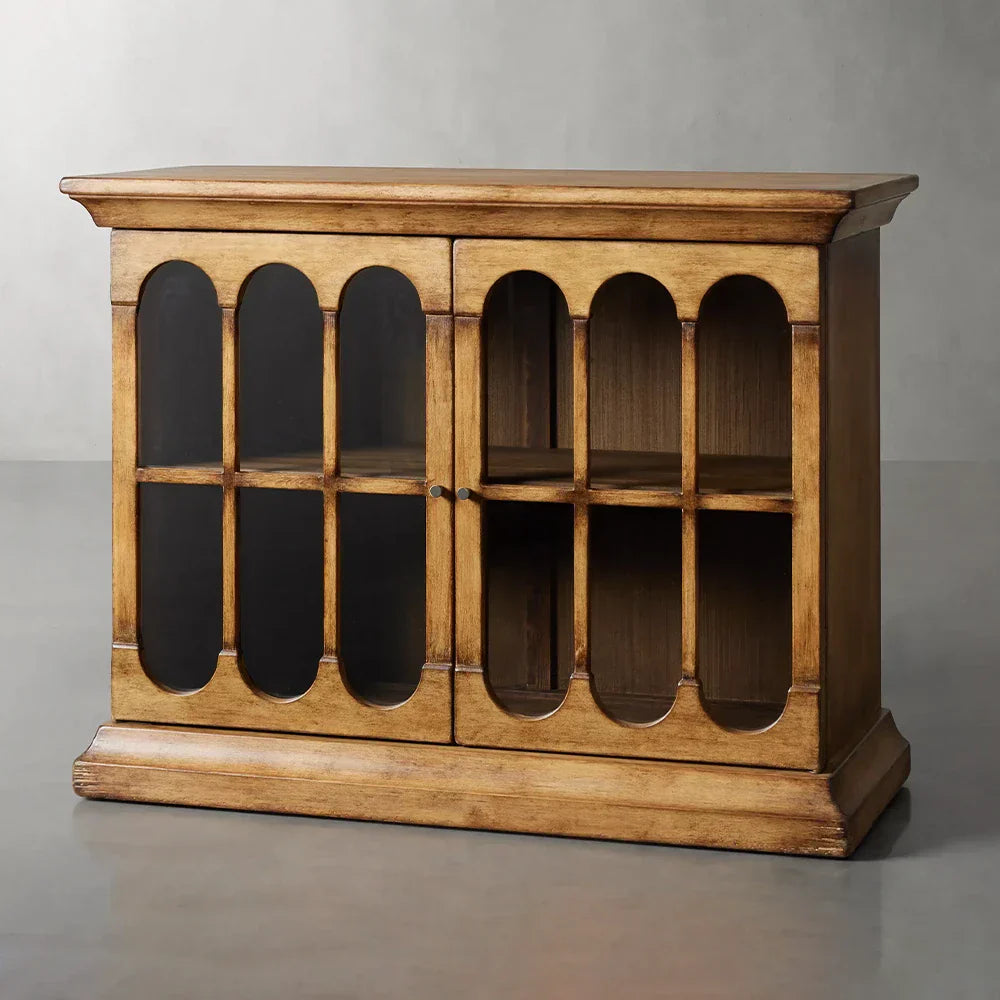 Merritt Distressed Dining Buffet Sideboard Cabinet Antiques Solid Pine Entrance Cabinet with Glass Doors