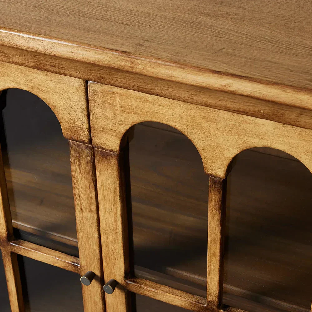 Merritt Distressed Dining Buffet Sideboard Cabinet Antiques Solid Pine Entrance Cabinet with Glass Doors