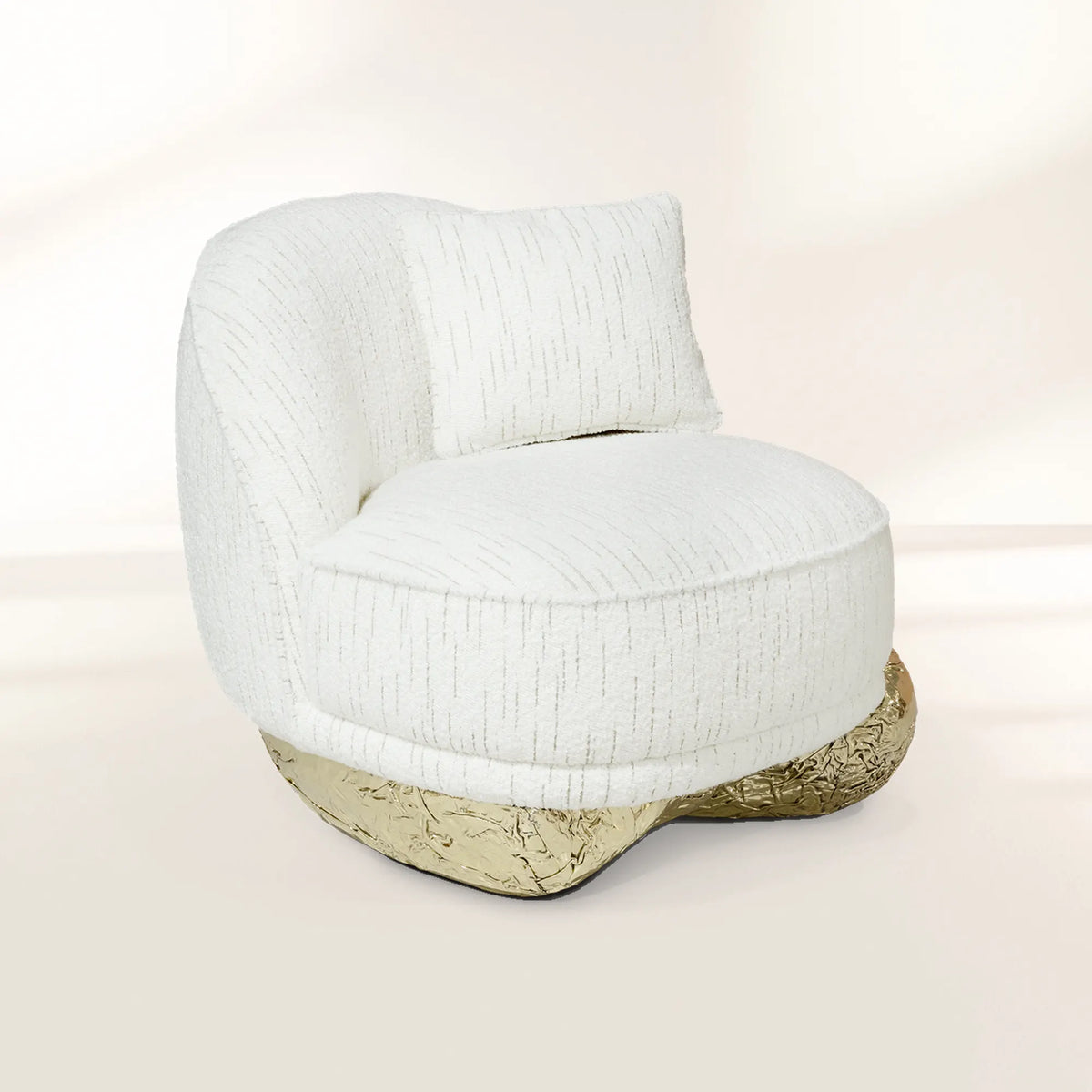 Luxury Sculptural Armchair with Polished Hammered Brass Base & Organic Curved Design