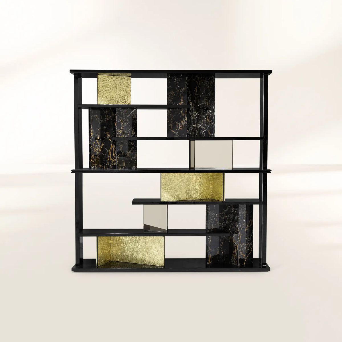Luxury Double-Sided Bookcase with LED Lighting, Marble Shelves & Display Storage