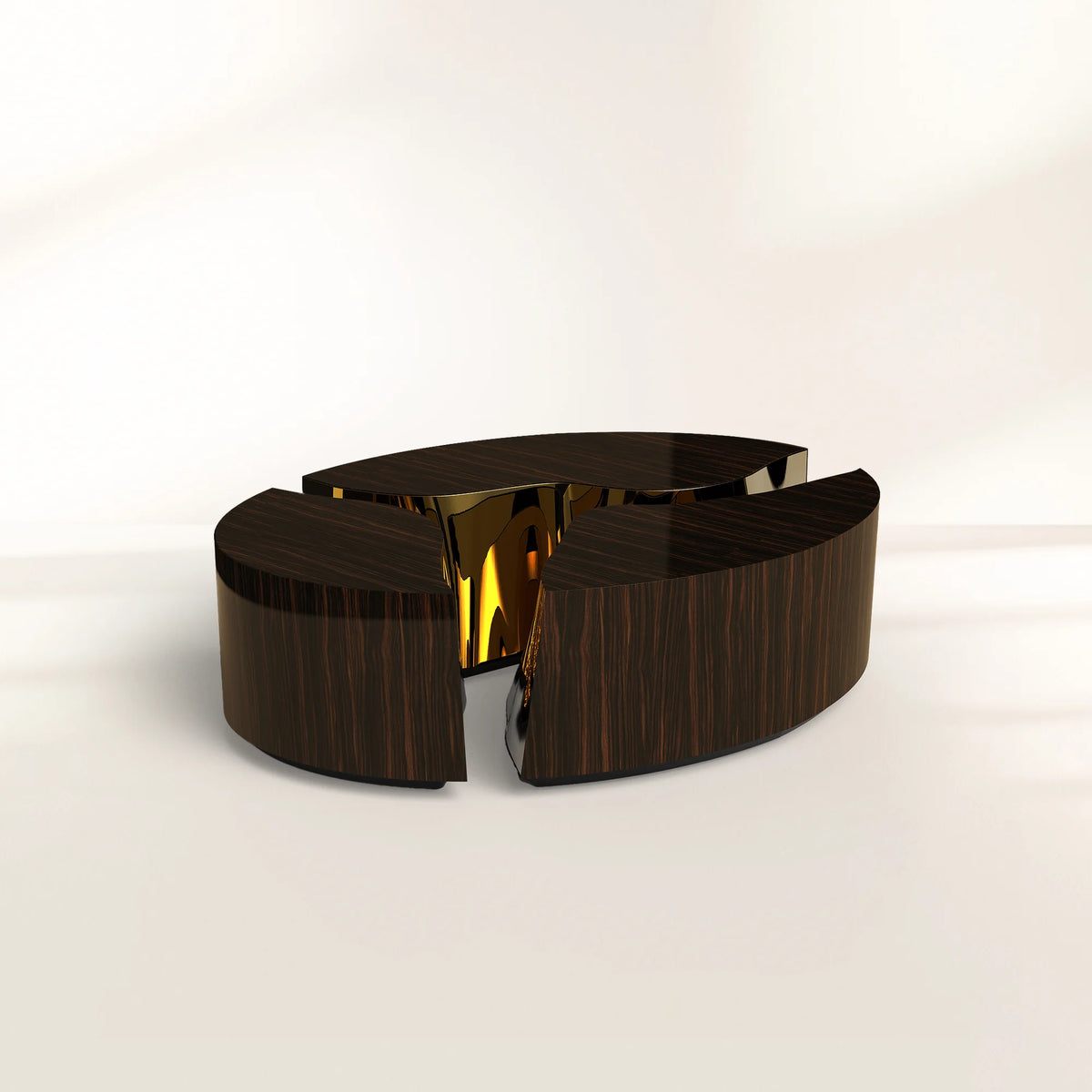 Luxury Oval Coffee Table with Sculptural Brass Accents & High Gloss Finish Center Tea Table