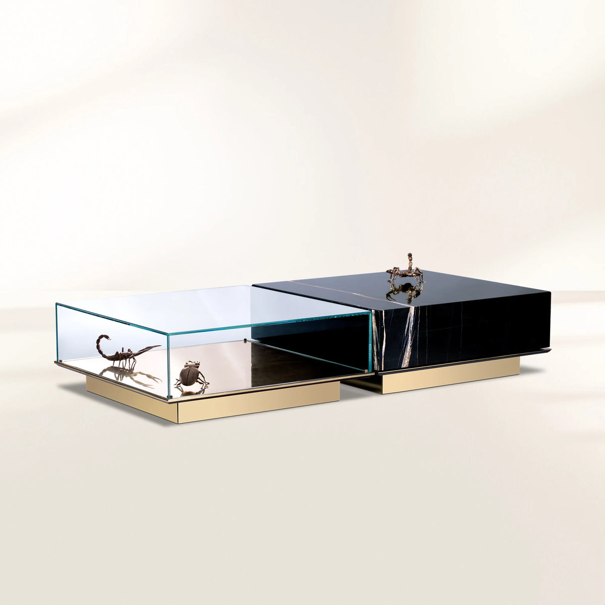 Luxury Coffee Table Set with Marble, Glass & Sculptural Gold Brass Design Center Tea Table
