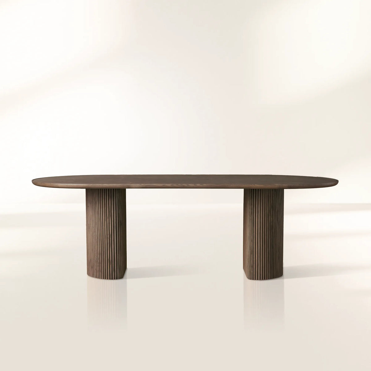 Astor Stone Inlay Top Dining Table with Wood Handcrafted Reeded Detailing Base