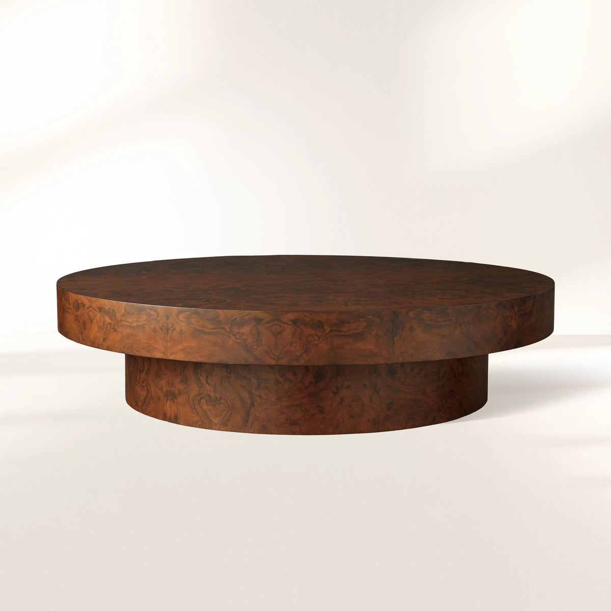 Cinzia Burl Round Coffee Table Walnut Wood Veneer & Plinth Base Sofa Center Tea Table