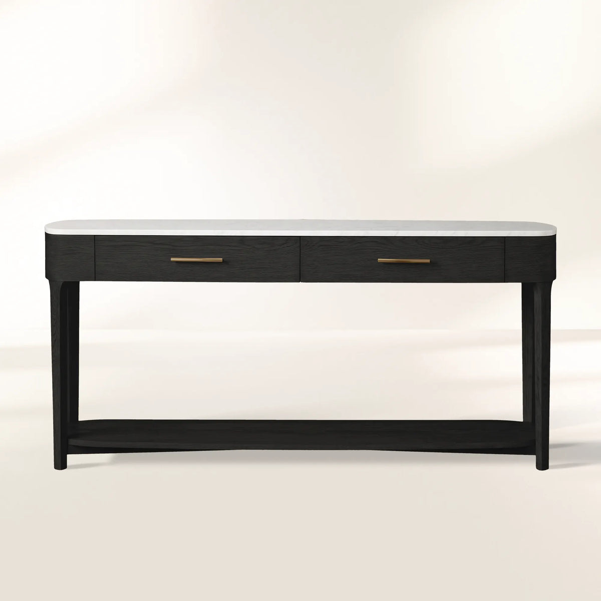 Danny Marble Top Entryway Console Table wtih Storage Drawers Brass Hardware Solid Oak Wood Hallway Entrance Table