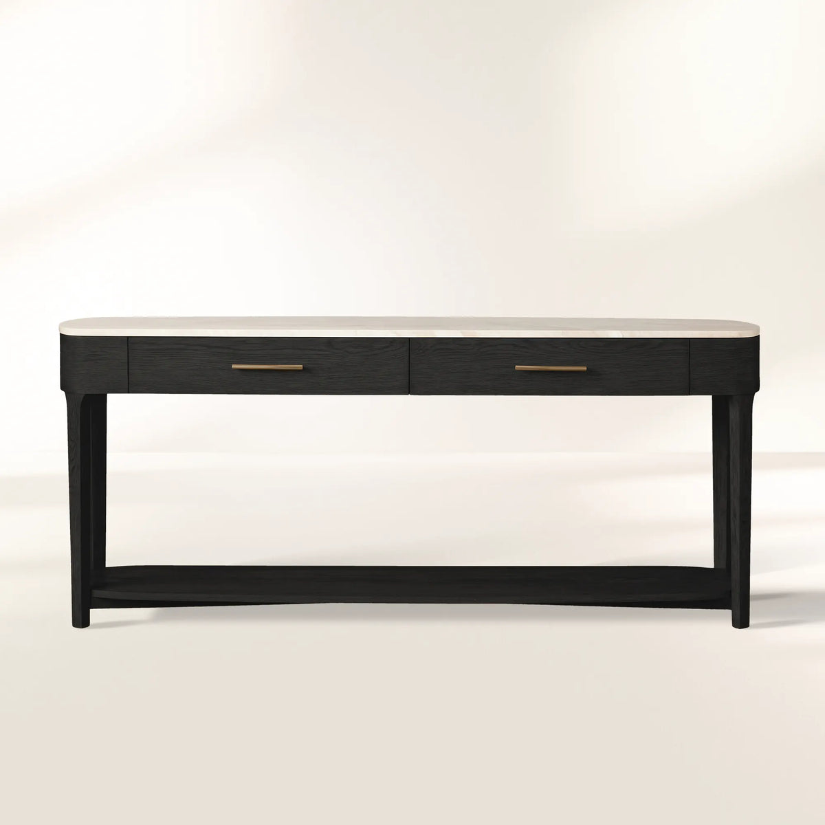 Danny Marble Top Entryway Console Table wtih Storage Drawers Brass Hardware Solid Oak Wood Hallway Entrance Table