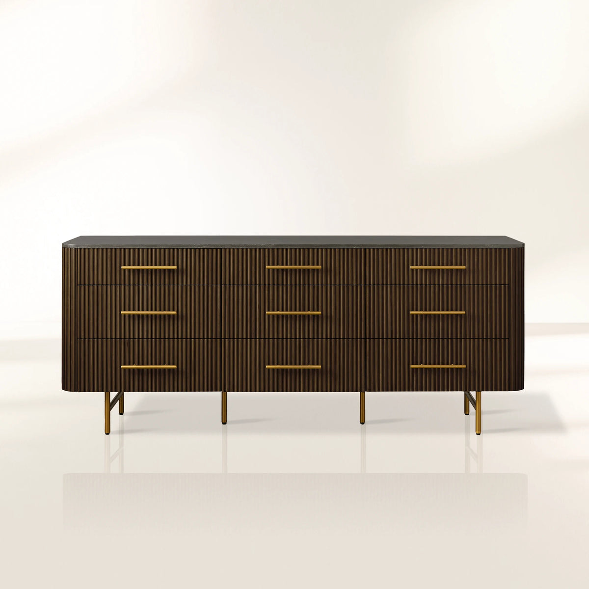 Finnley Natural Marble Stone Top Nine-Drawer Dresser White Oak Wood Drawer Chest Cabinet