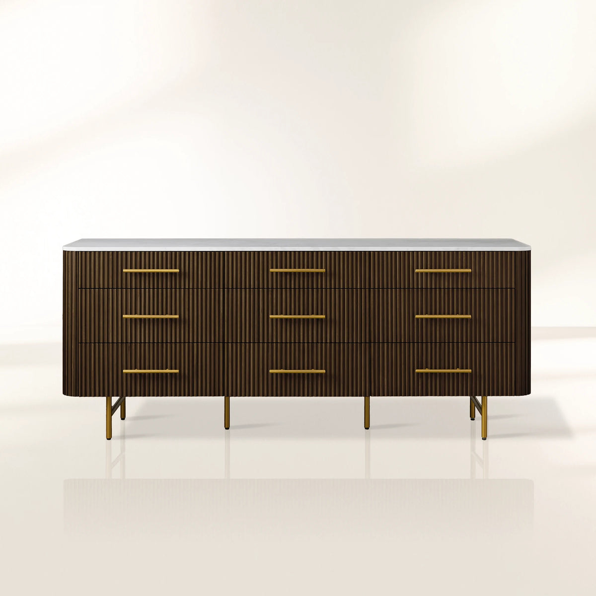 Finnley Natural Marble Stone Top Nine-Drawer Dresser White Oak Wood Drawer Chest Cabinet