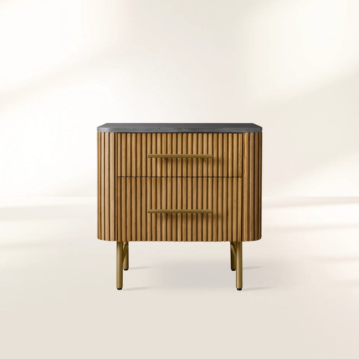 Finnley Closed Nightstand with Marble Stone Cabinet Wood Surfaces Tops 2-Drawer Bedside Nightside Table