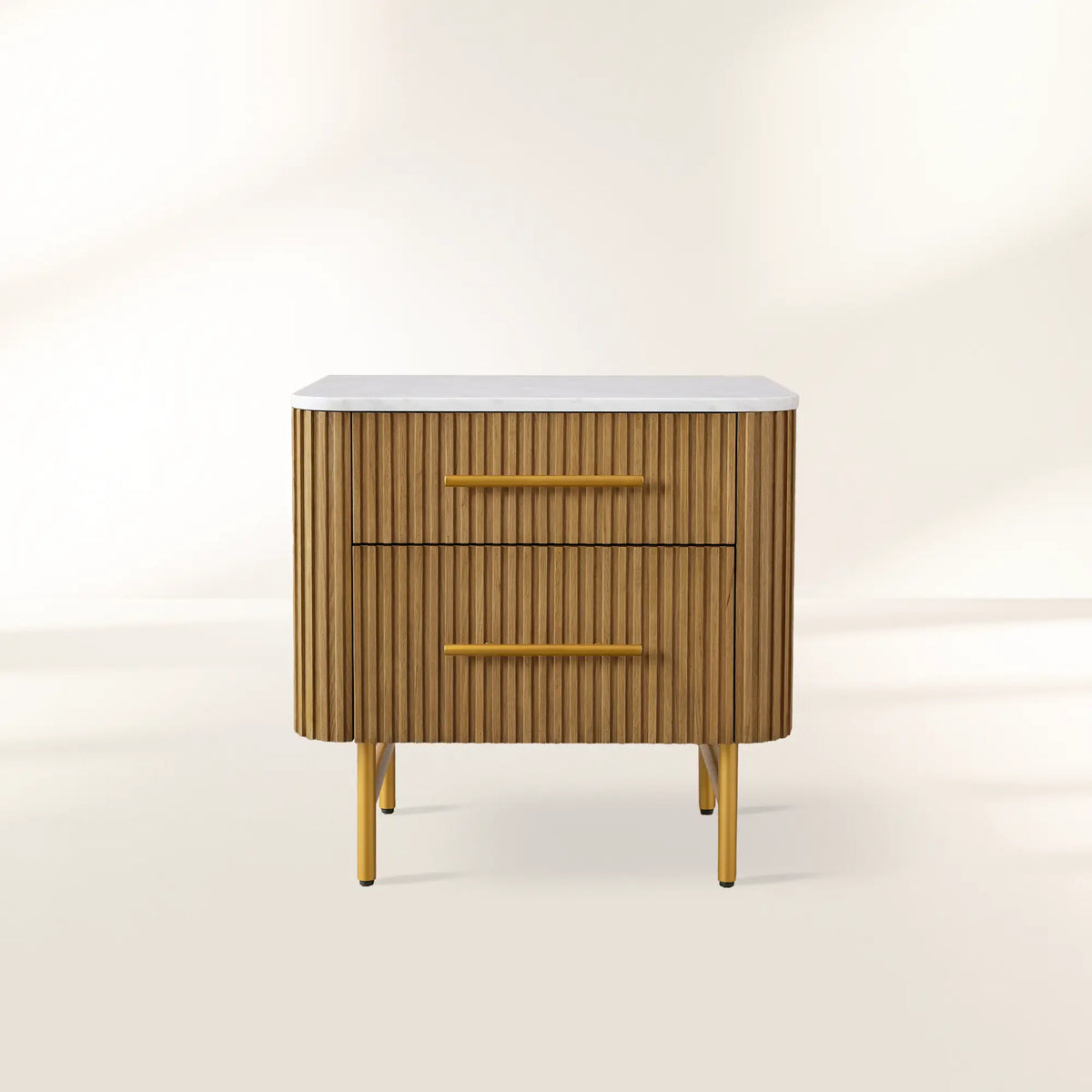 Finnley Closed Nightstand with Marble Stone Cabinet Wood Surfaces Tops 2-Drawer Bedside Nightside Table