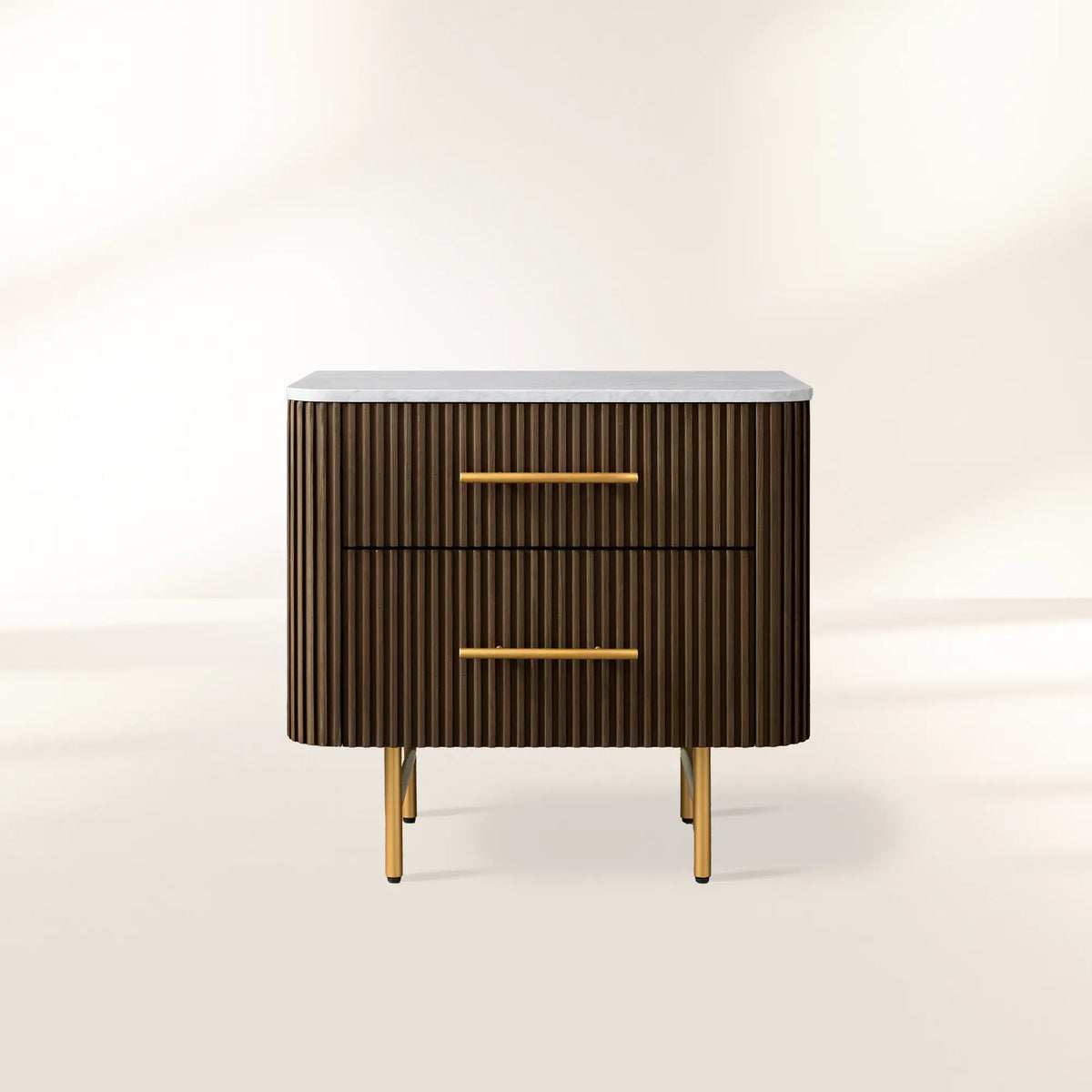 Finnley Closed Nightstand with Marble Stone Cabinet Wood Surfaces Tops 2-Drawer Bedside Nightside Table