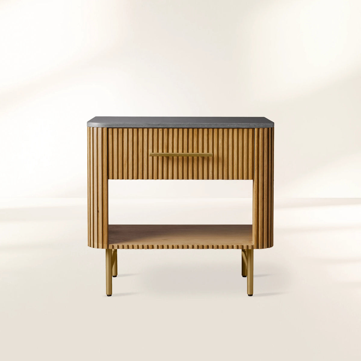 Finnley Open Nightstand with Natural Stone Top Bedside Nightside Table Wood ONE-Drawer Cabinet