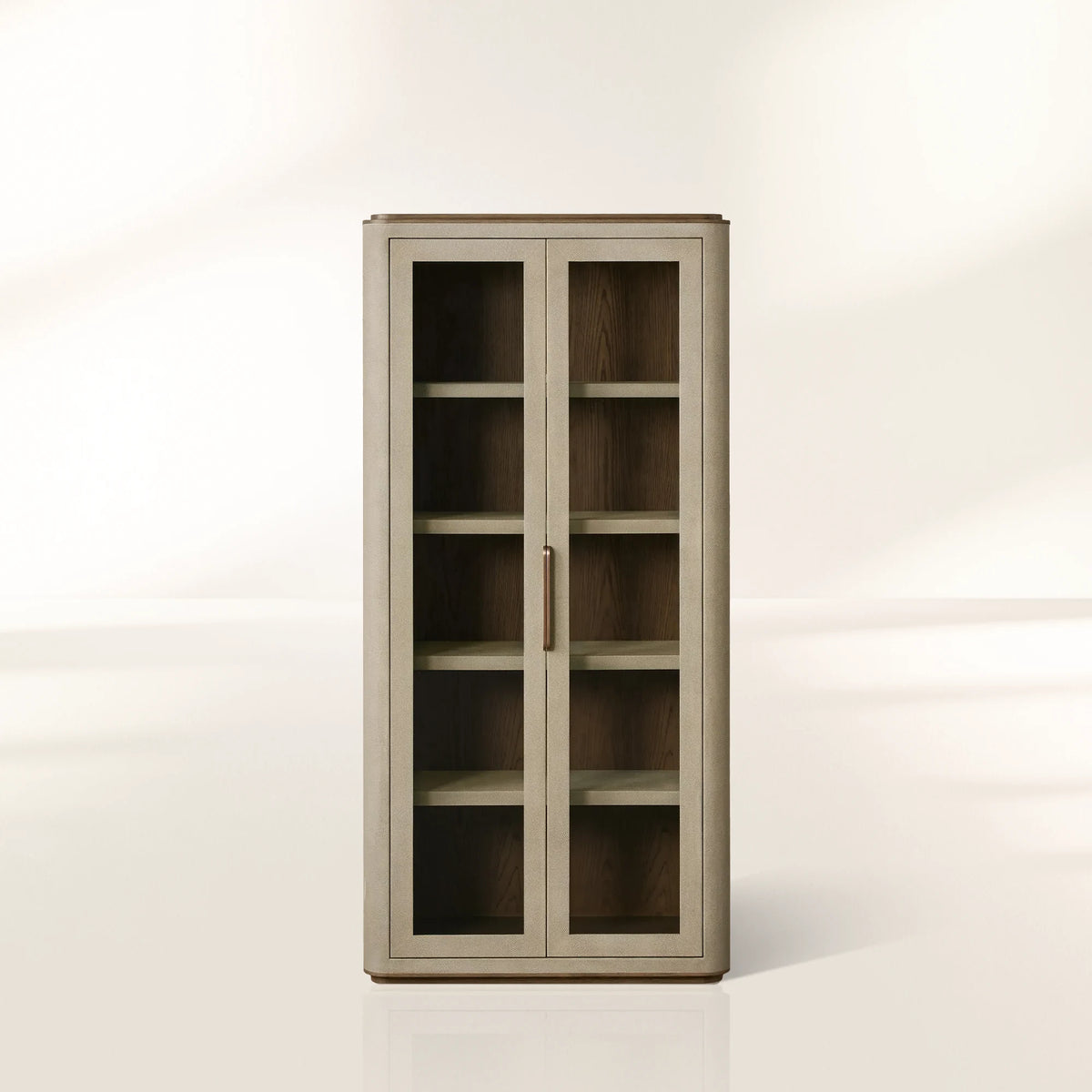 Harrow Tall Display Cabinet Faux Shagreen Finish with Oak Wood Storage Cabinet
