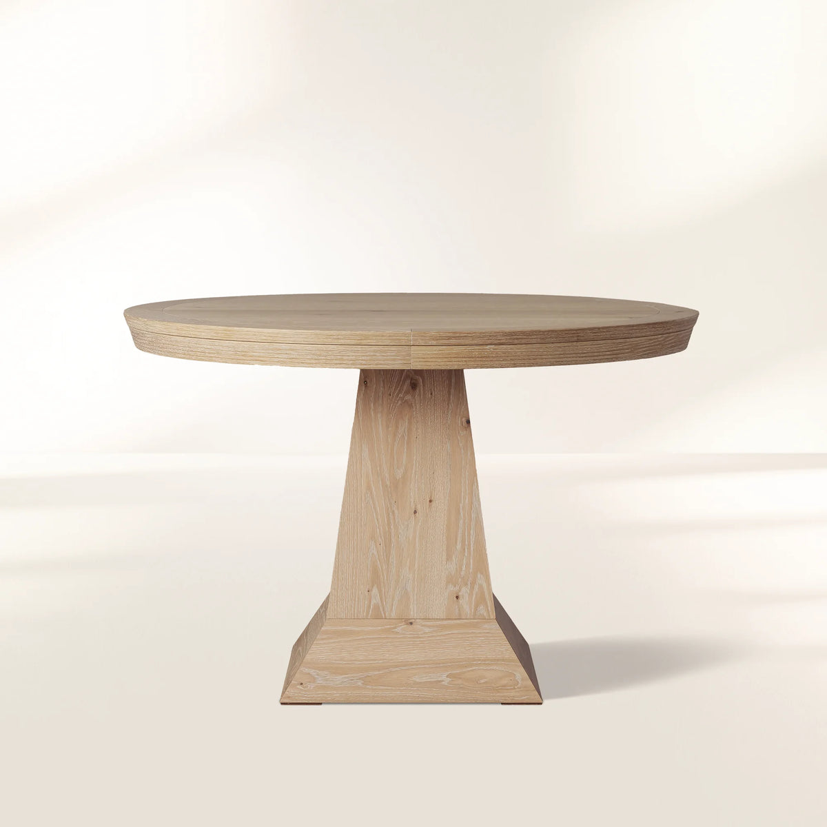 Leighton Modern Country Round Wood Dining Table with Timeless Pedestal Design