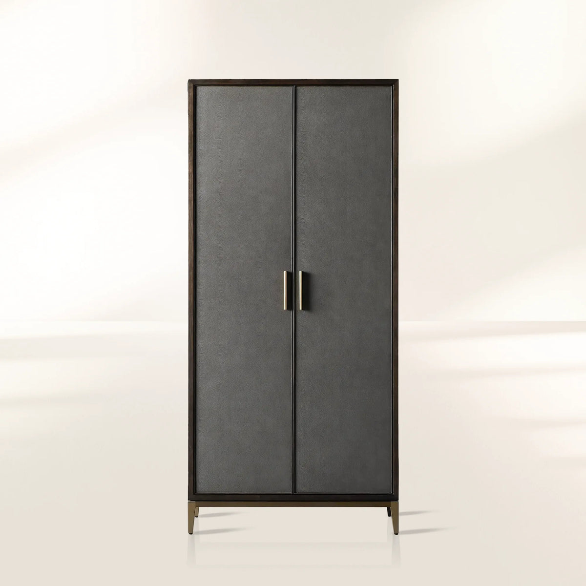 Malone Wood Storage Tall Display Cabinet Double Door Offers Bookcase with Leather Insets