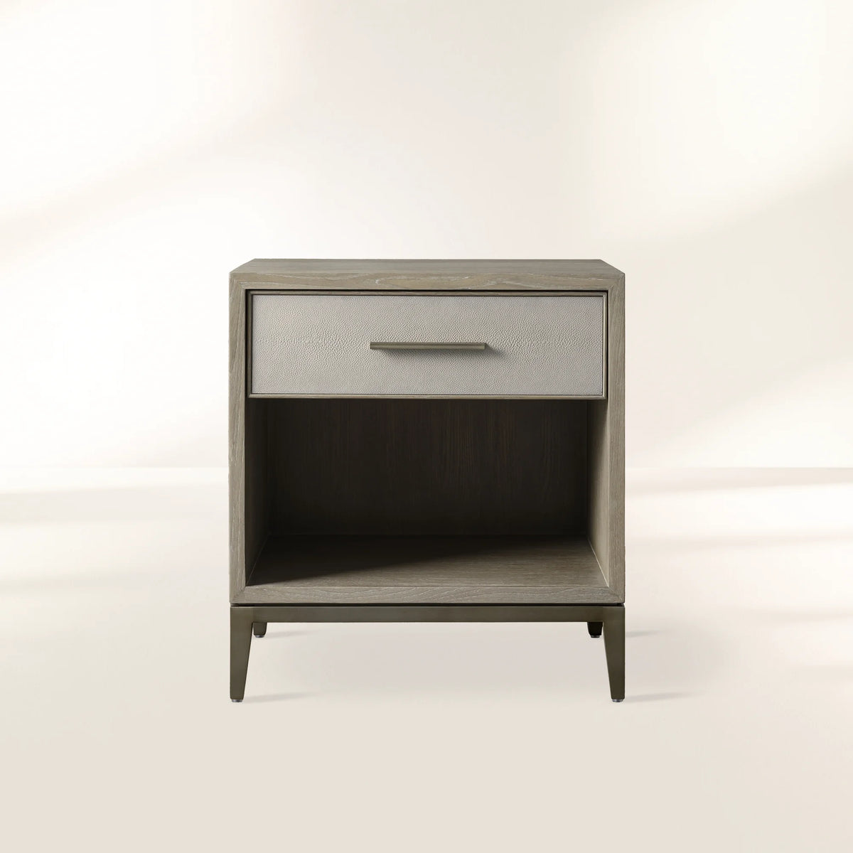 Malone Solid Wood Open Nightstand with 3-Drawers Cabinet Shagreen Leather Nightside Table