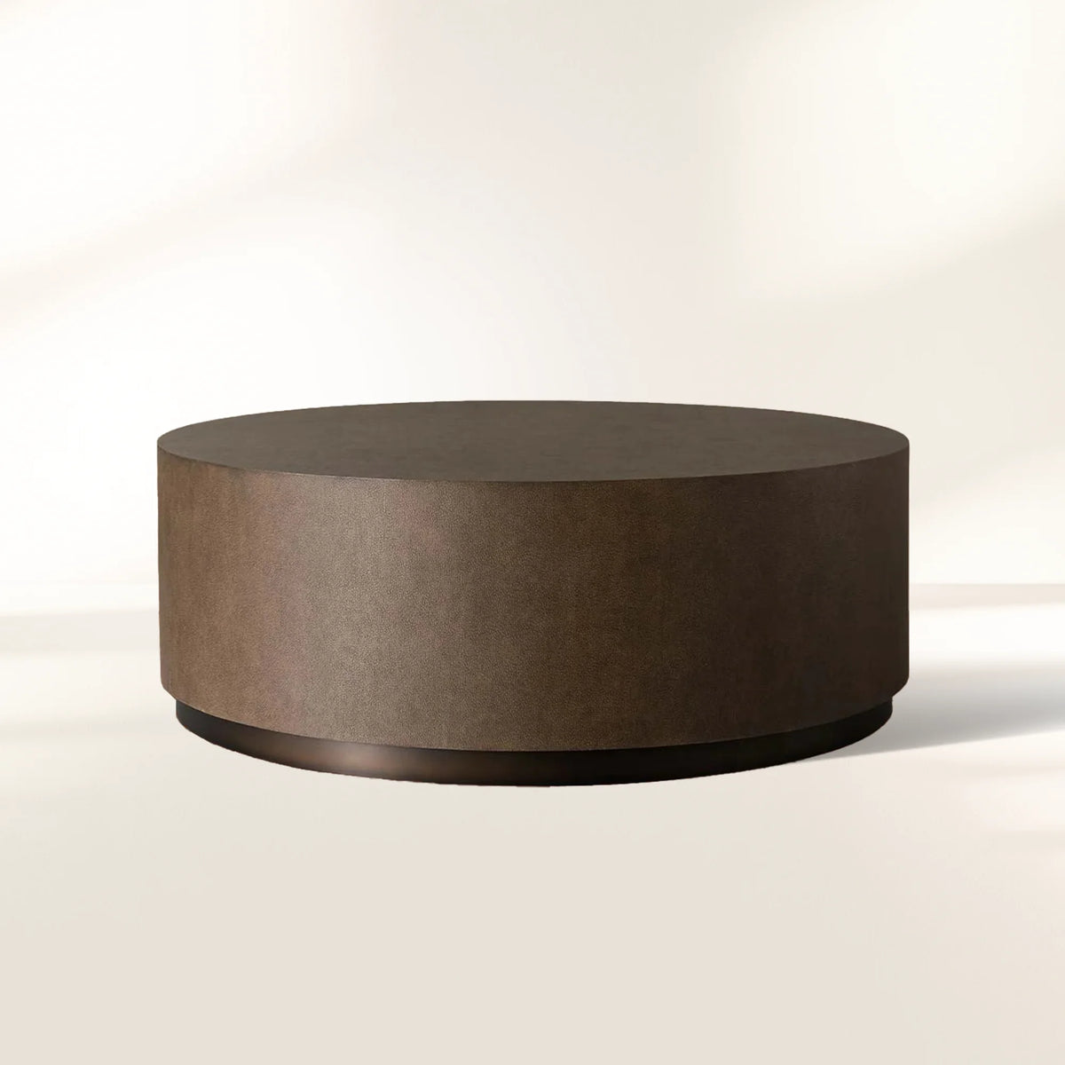 Malone Round Plinth Coffee Table with Leather Textured Tabletop & Steel Base Cocktail Table Living Room Center Tea Table Modern Style
