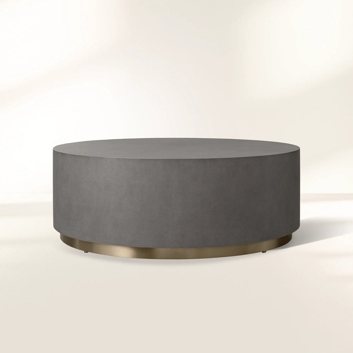 Malone Round Plinth Coffee Table with Leather Textured Tabletop & Steel Base Cocktail Table Living Room Center Tea Table Modern Style