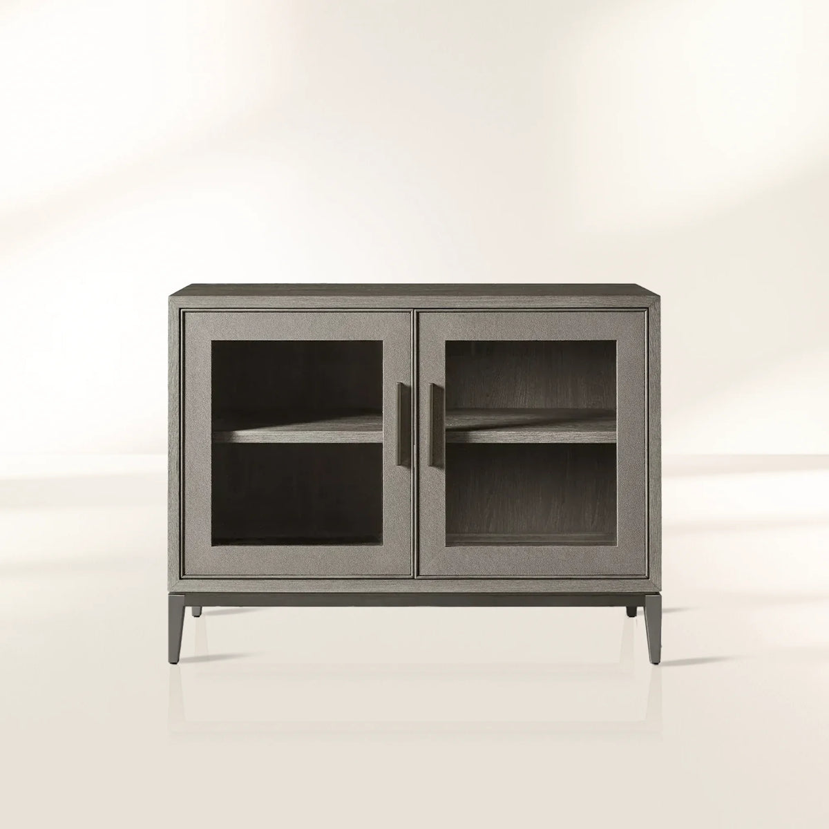 Malone Two-Door Glass Buffet Sideboard Wood Living Entrance Cabinet with Shagreen-Pattern Leather