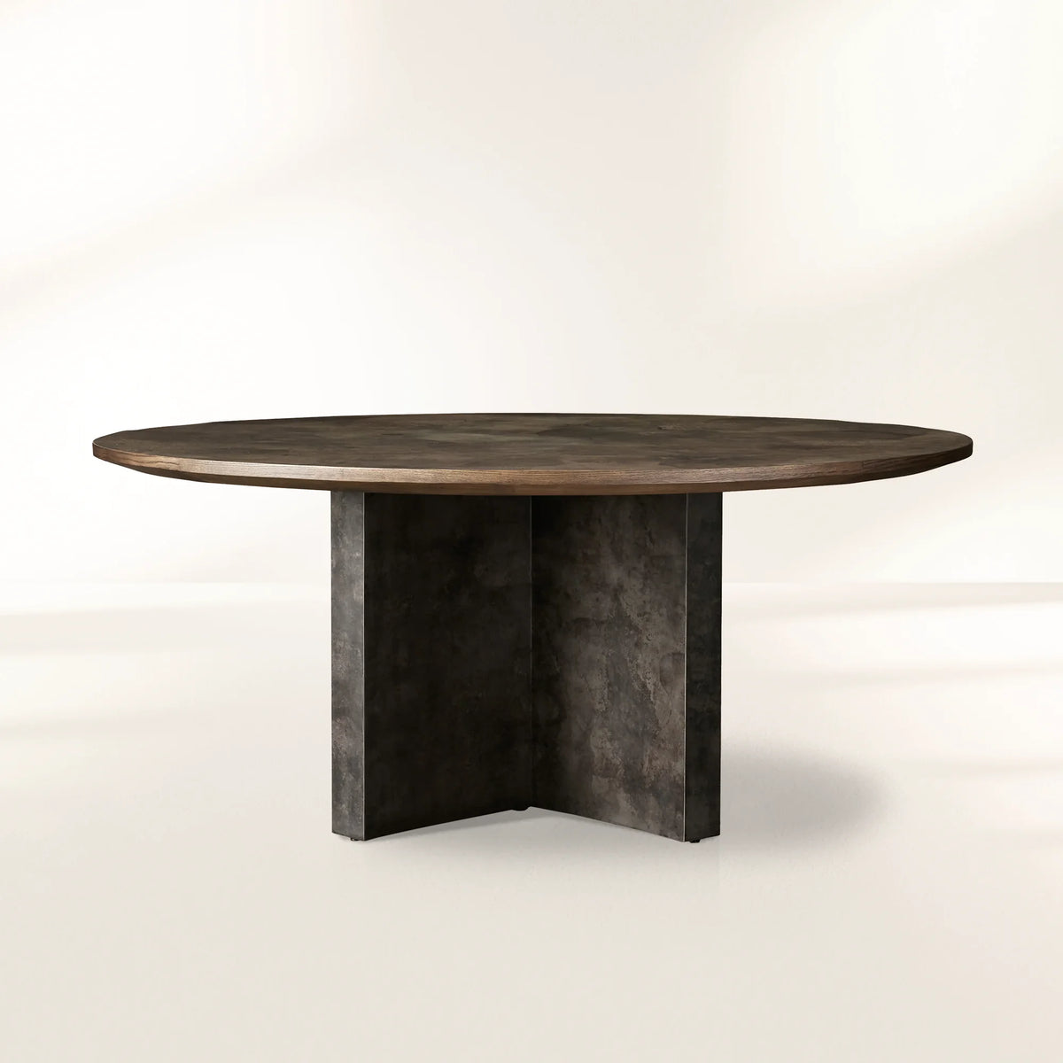 Polanco Round Dining Table with Oyster-Cut Wood Oxidized Steel Base