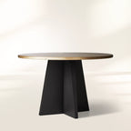 Table de salle à manger ronde en métal recyclé, plateau martelé à la main en métal et base en fer noir Vertex