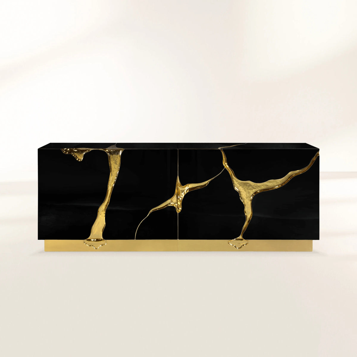 Luxury Black Gold Sideboard Cabinet with Sculptural Cracked Design