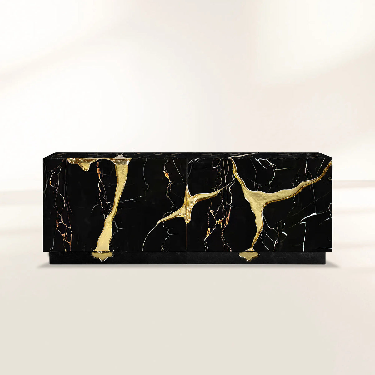 Luxury Black Gold Sideboard Cabinet with Sculptural Cracked Design