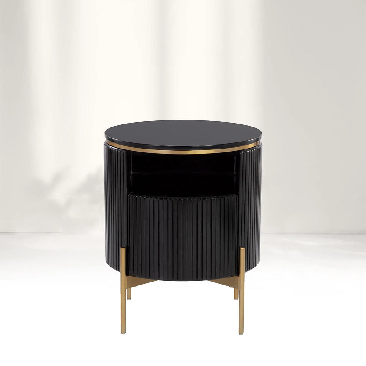Table de chevet Panoso en bois avec base en acier doré, table de nuit de luxe